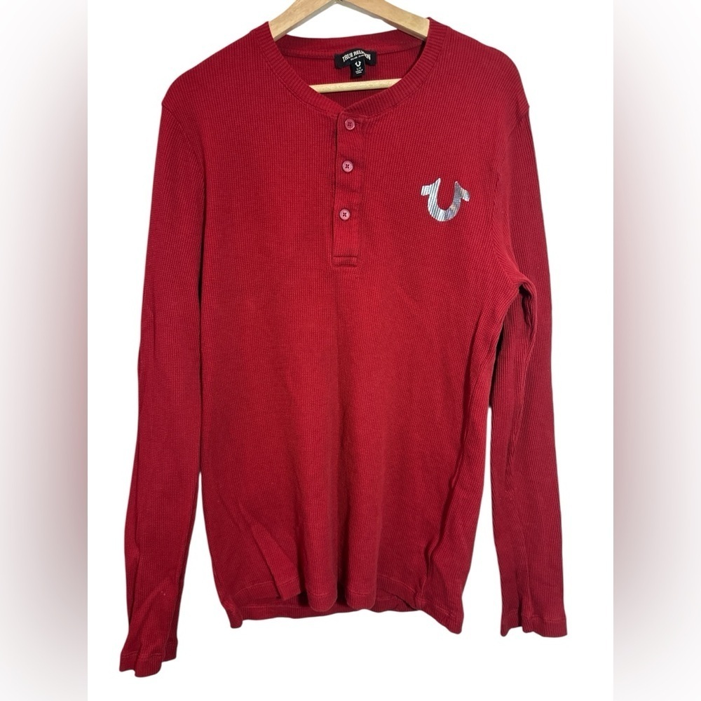 True Religion Shirt Mens Lg Red Dahlia Long Sleeve Rib Henley Waffle Logo EUC